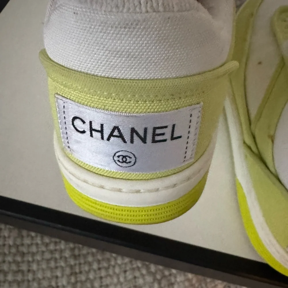 Chanel Fabric Womens Logo Sneakers 37.5 Yellow White